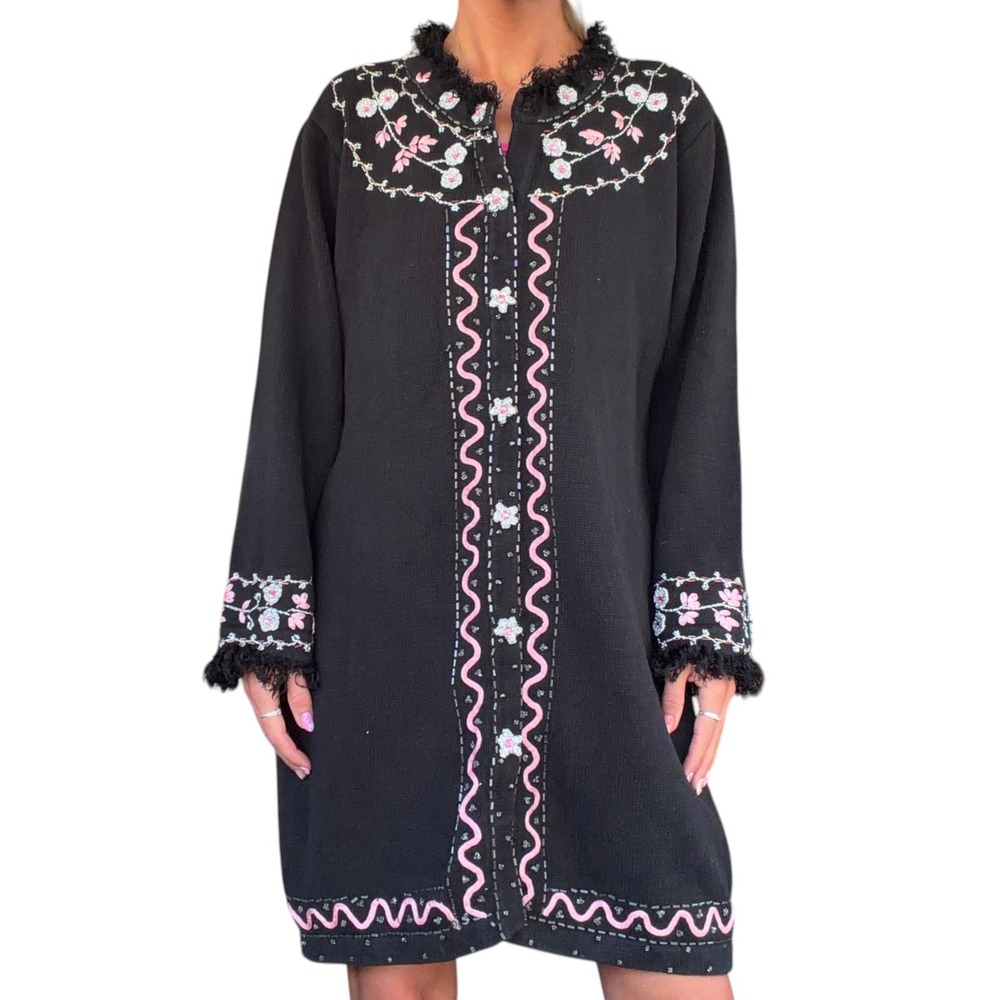 Storybook Knits Vintage M Black Floral Beads Fringe Cardigan Sweater Cottagecore - Picture 4 of 16